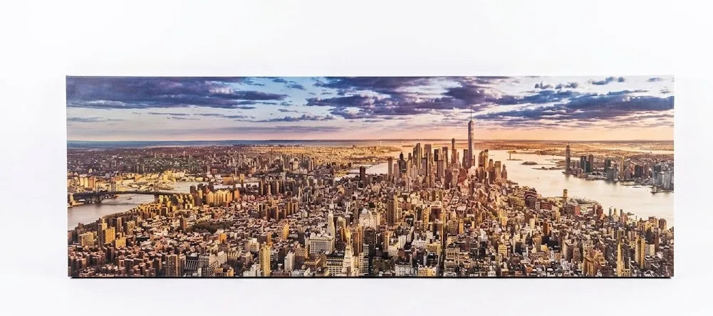 Quadro panoramico Manhattan 120x40 cm – One World Trade Center con riflessi dorati e cielo al tramonto