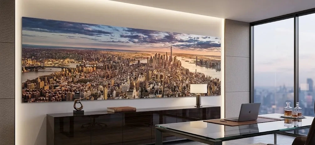 Quadro tela skyline New York 120x40 cm – dettaglio grattacieli con palette oro, arancione e blu