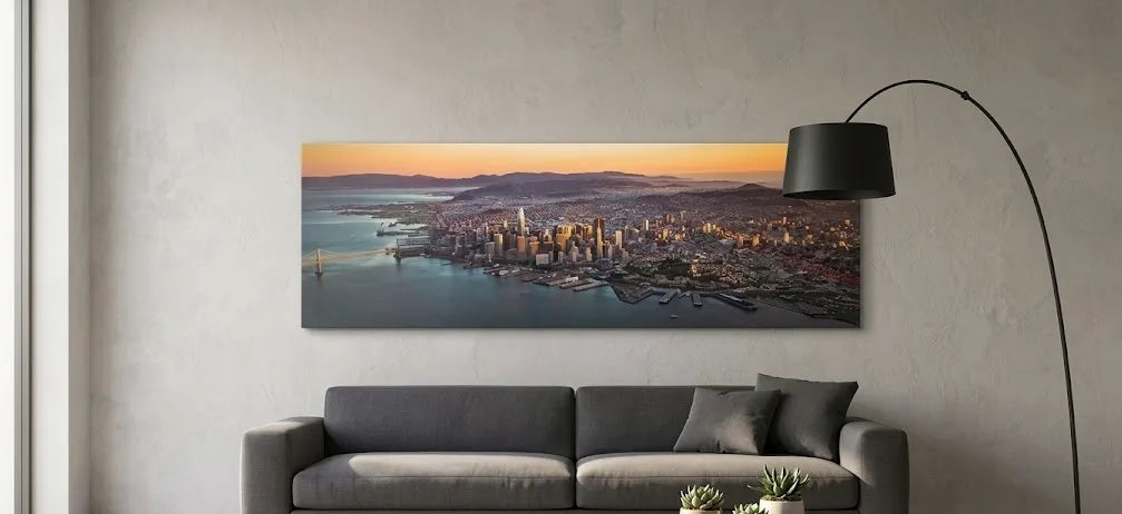 Quadro moderno skyline Manhattan vista aerea 120x40 cm – stampa su tela con grattacieli al tramonto