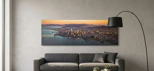 Quadro moderno skyline Manhattan vista aerea 120x40 cm – stampa su tela con grattacieli al tramonto