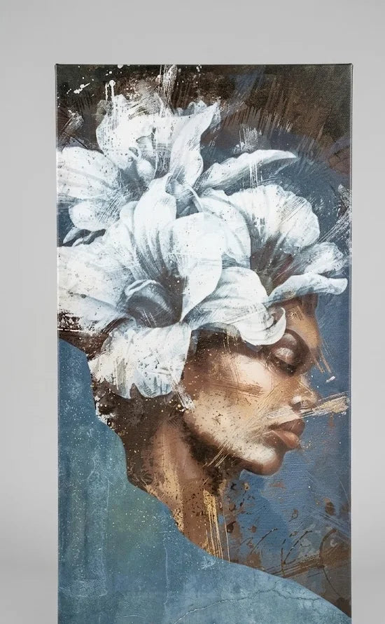 Quadro moderno viso di donna con fiori bianchi - 100x50 cm 