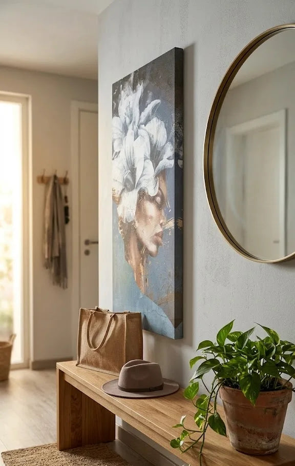 Quadro moderno viso di donna con fiori bianchi - 100x50 cm