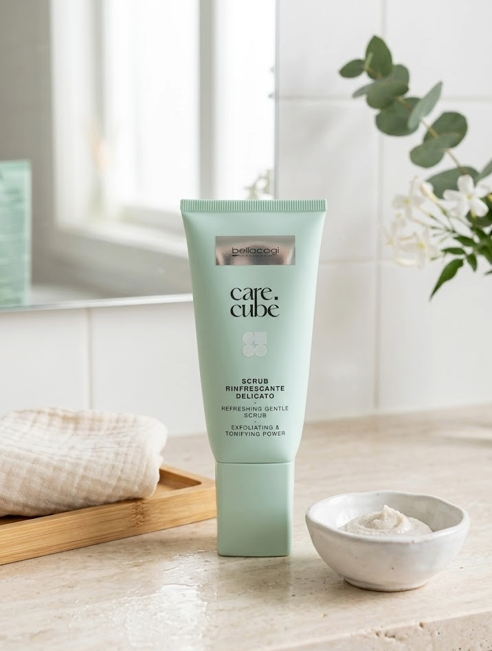 Scrub viso delicato Care.Cube con azione esfoliante e tonificante, ideale per skincare quotidiana