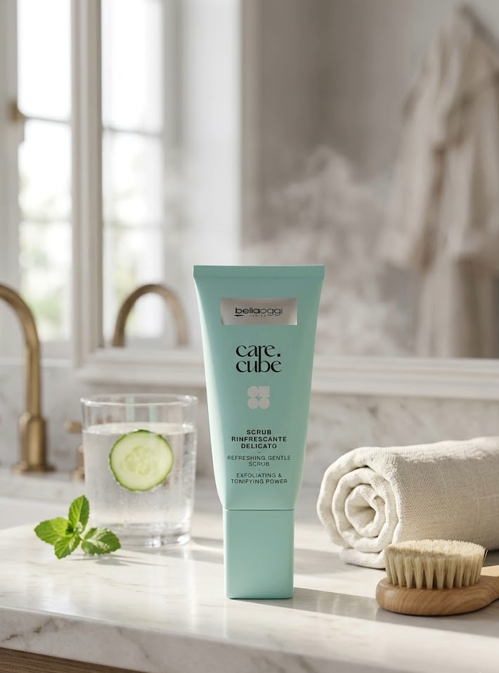 Scrub viso delicato care.cube con cetriolo e menta, esfoliante rinfrescante per pelle tonica