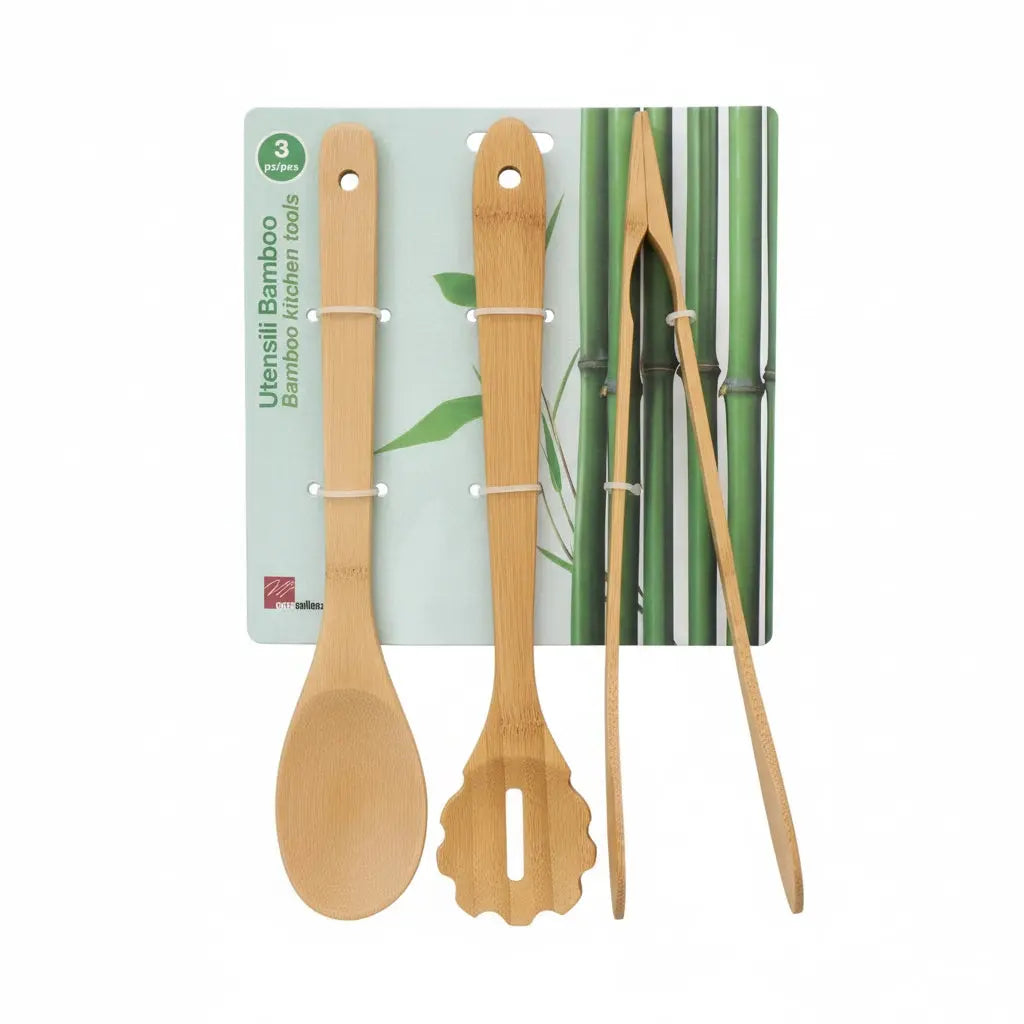 Set 3 Utensili da Cucina in Bamboo,cucchiaio, forchettone pasta e pinze