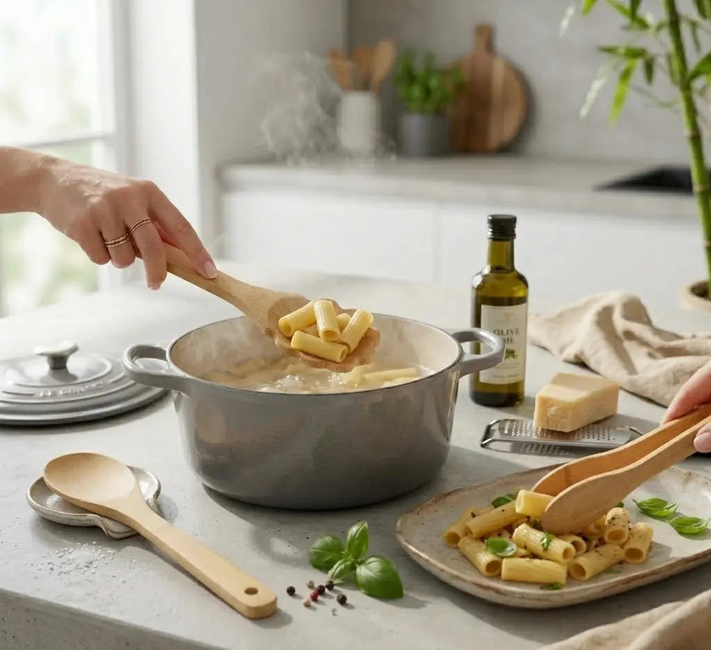 Set 3 utensili da cucina in bamboo selezionato: cucchiaio, forchettone pasta e pinze. Naturali, resistenti ed eco-friendly. Rispettosi dell'ambiente.