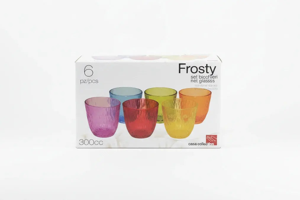 Set 6 bicchieri colorati Frosty 300cc in vetro decorato. 6 colori assortiti
