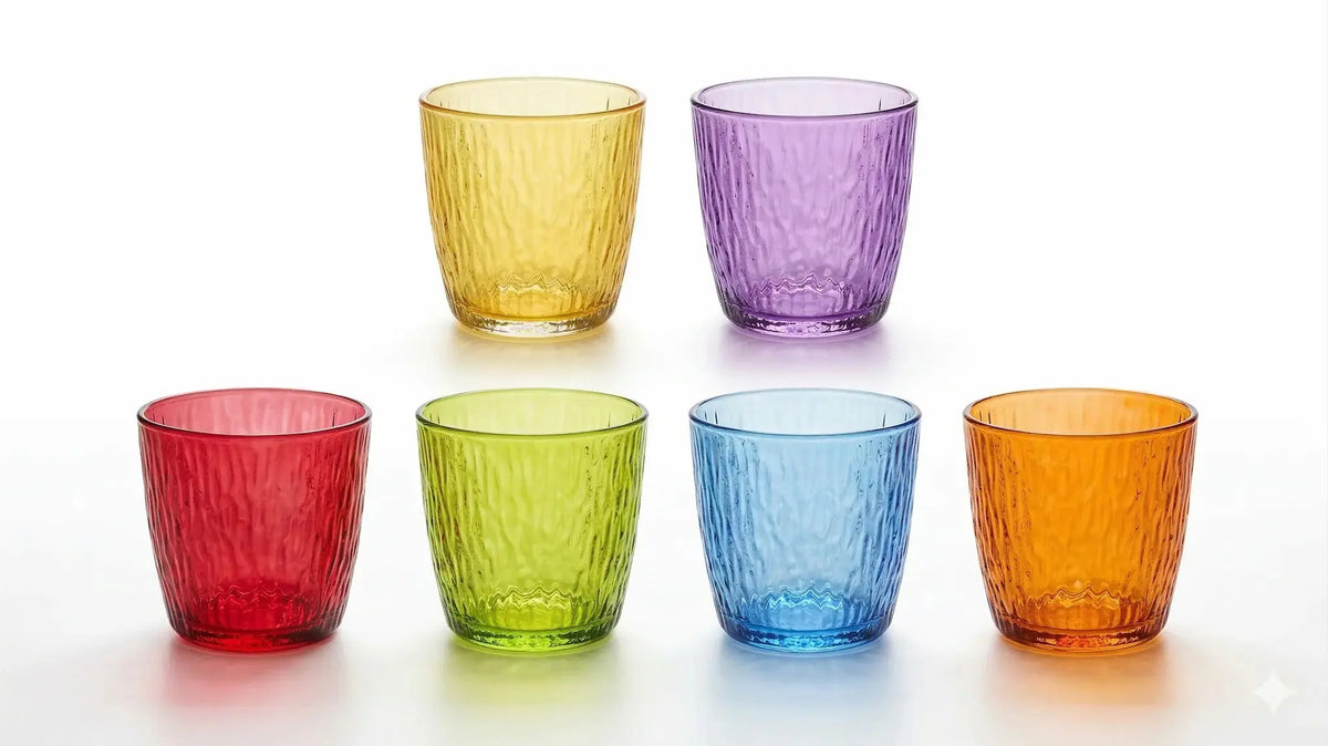Set 6 bicchieri colorati Frosty 300cc in vetro decorato. 6 colori assortiti, solo lavaggio a mano