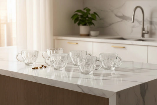 Set 6 tazze da caffè in vetro trasparente con manico, design moderno Carioca Coffee