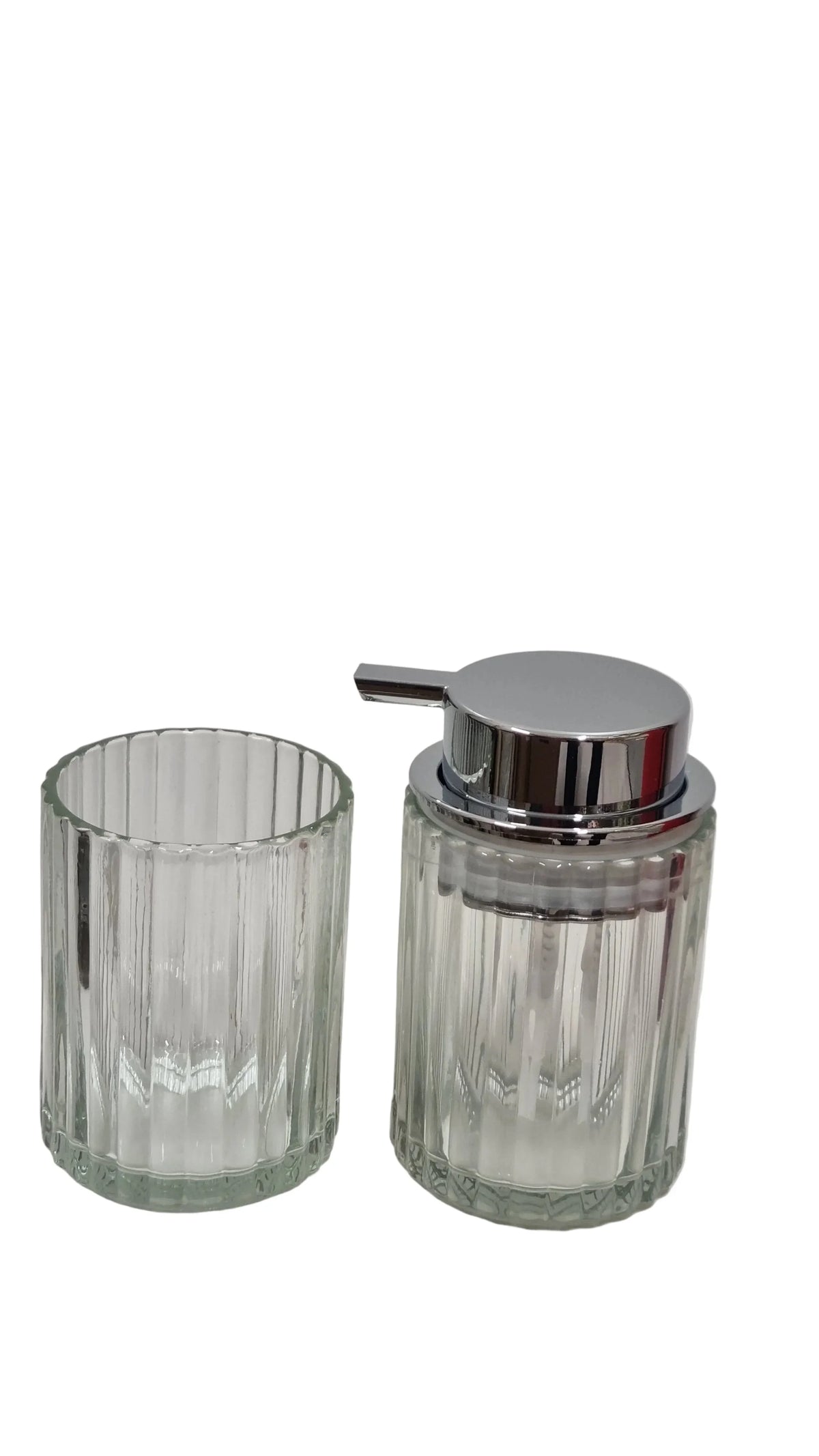 Set bagno in vetro rigato con dispenser sapone e bicchiere, articoli da bagno moderni e decorativi