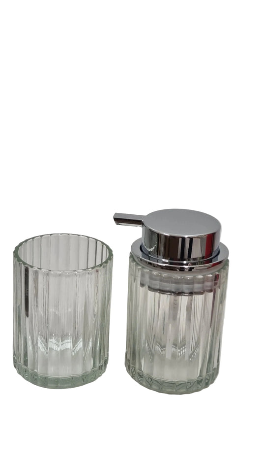 Set bagno in vetro rigato con dispenser sapone e bicchiere, articoli da bagno moderni e decorativi
