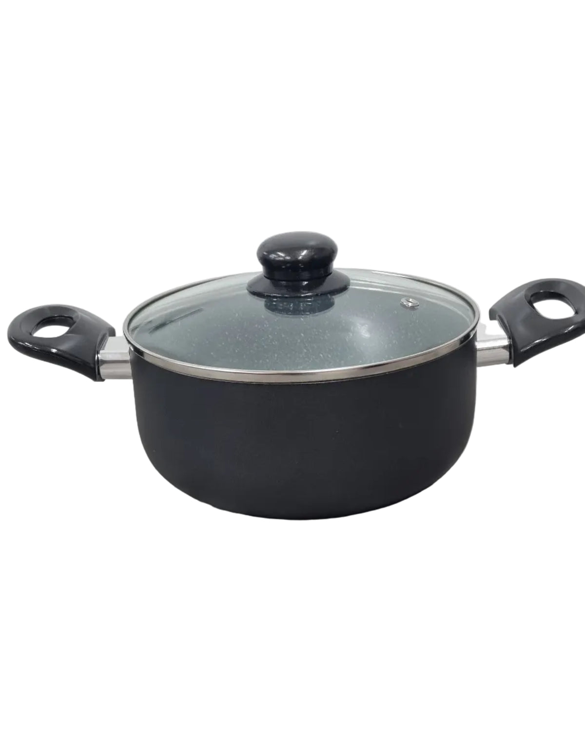 Pentola nera con coperchio in vetro, manici ergonomici, ideale per cucina moderna