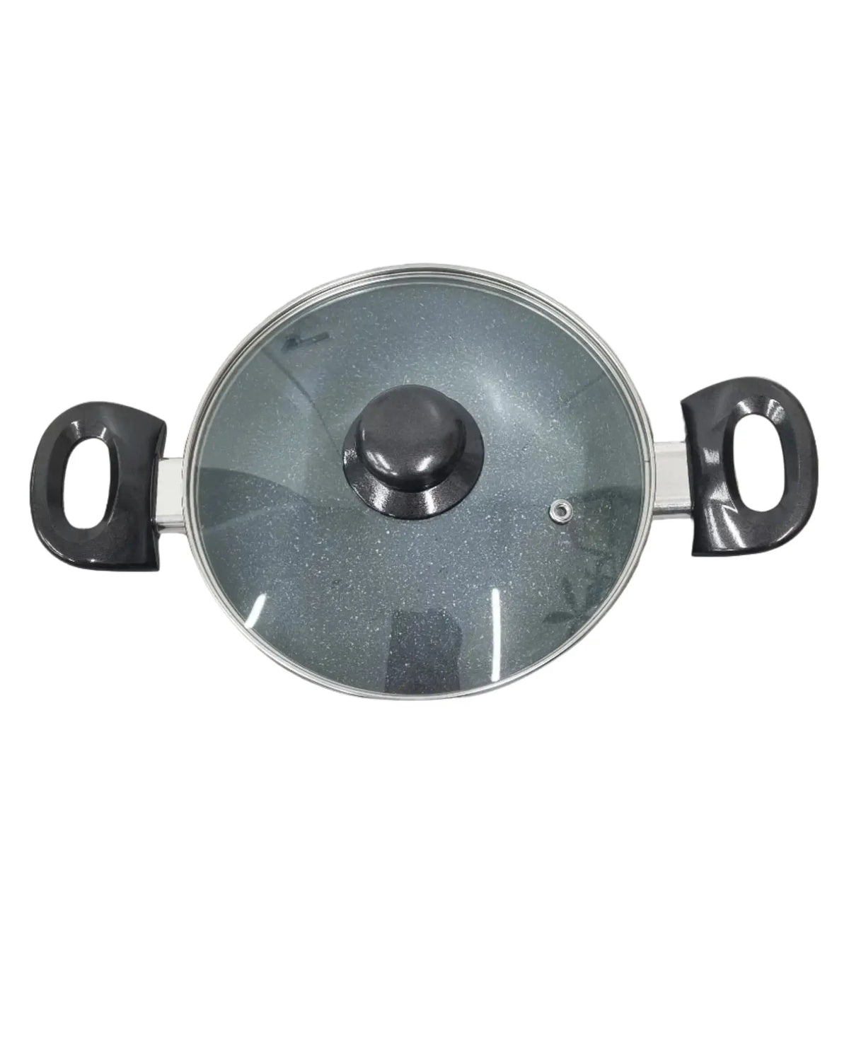 Pentola nera con coperchio in vetro, manici ergonomici, ideale per cucina moderna