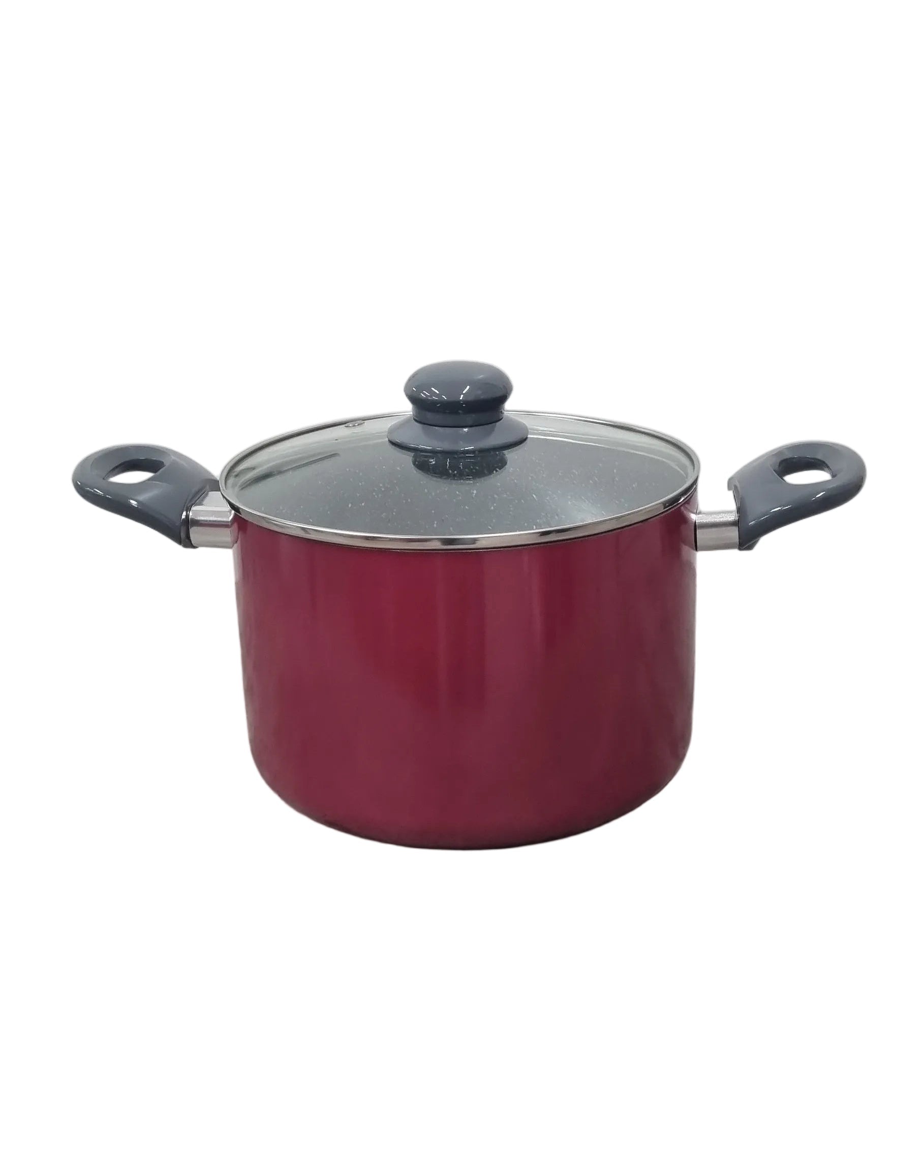 Pentola rossa con coperchio in vetro e manici grigi, articolo cucina per uso domestico