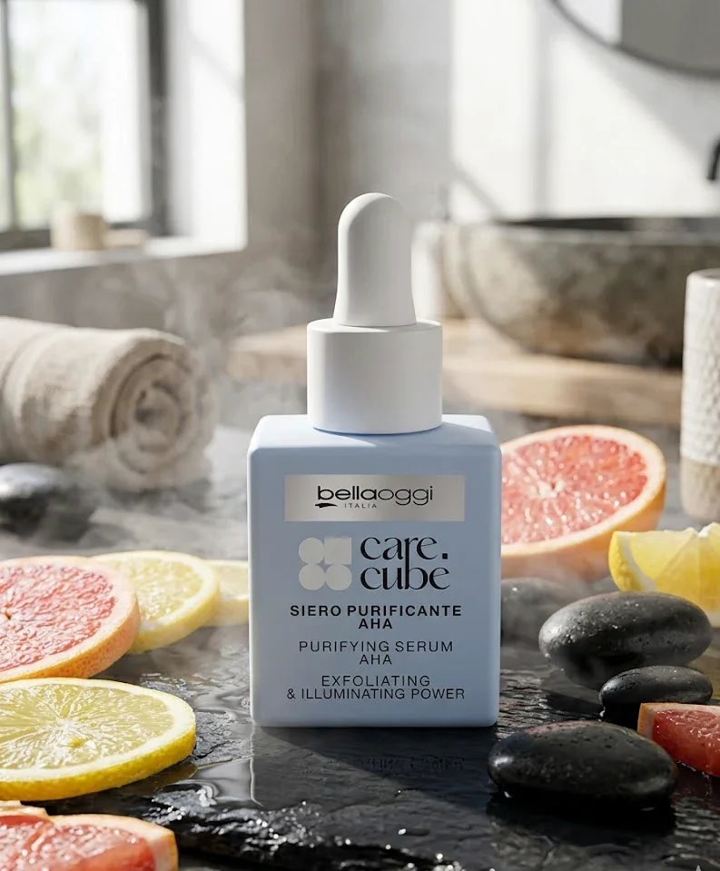 Siero purificante AHA Bellaoggi con potere esfoliante e illuminante, ideale per skincare viso con agrumi e pietre
