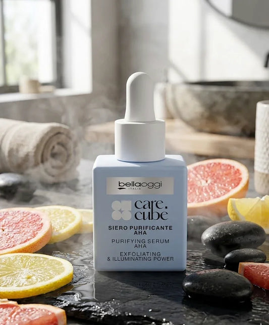Siero purificante AHA Bellaoggi con potere esfoliante e illuminante, ideale per skincare viso con agrumi e pietre
