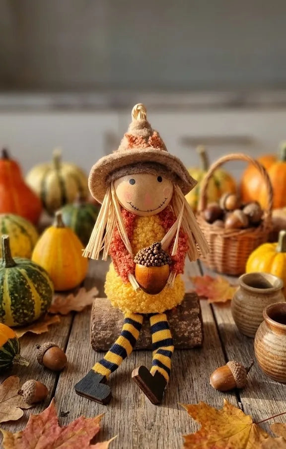 Spaventapasseri Decorativo Autunnale in Legno con Ghianda – 15x7x5 cm