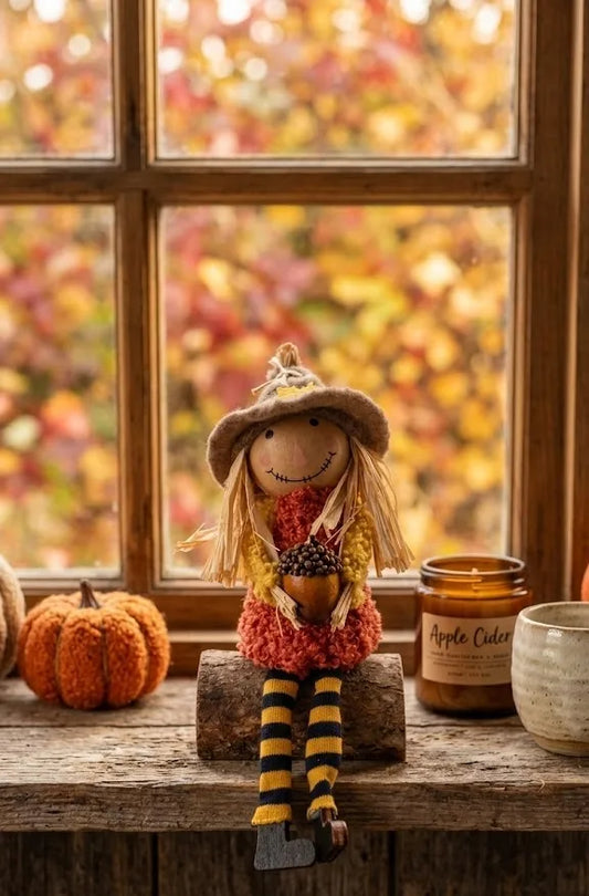 Spaventapasseri Decorativo Autunnale in Legno Gonna Arancione – 15x7x5 cm