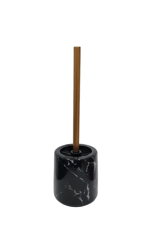 Spazzolone WC marmo nero manico oro su sfondo bianco
