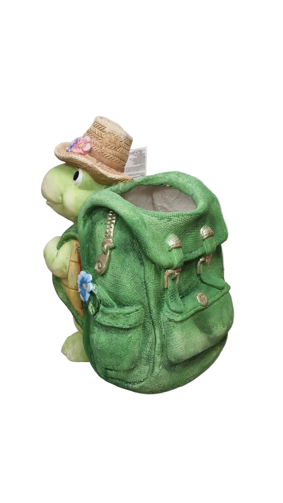 Tartaruga decorativa con cappello e zaino verde, ideale per giardino o casa