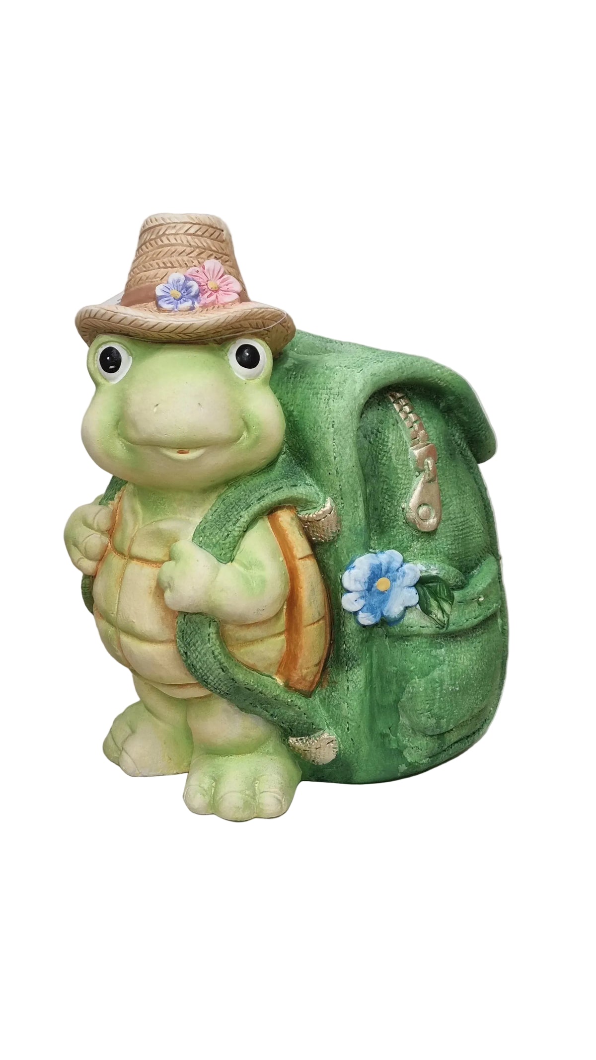 Tartaruga decorativa con cappello e zaino, ideale per giardino o casa