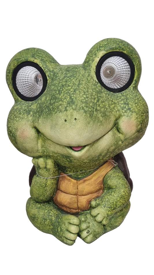 Statua tartaruga decorativa verde con grandi occhi a LED, ideale per giardino o casa