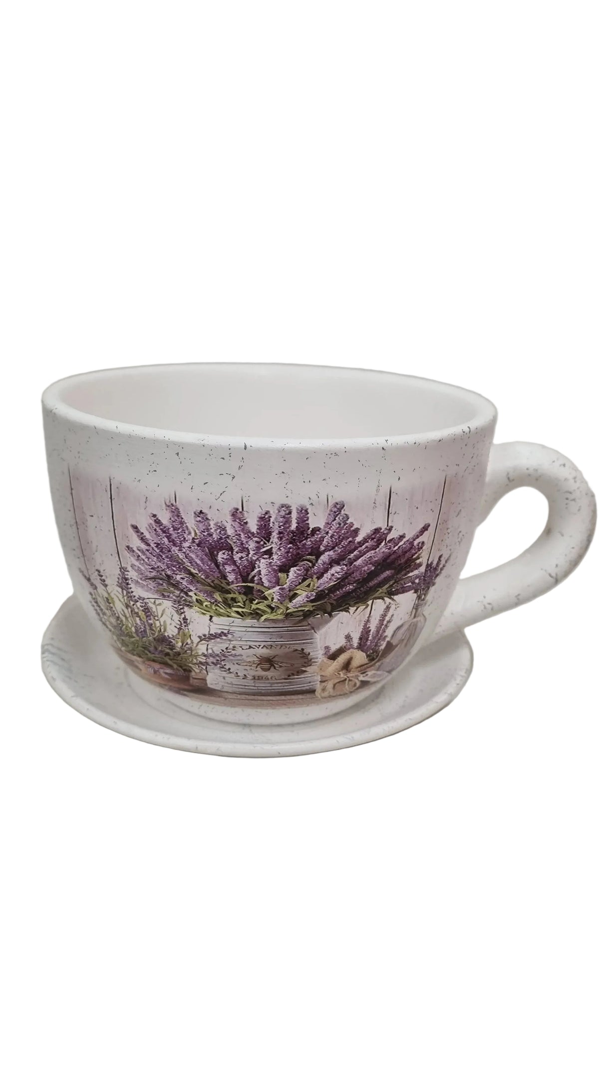 Tazza con piattino decorata con lavanda e ape, stile rustico per cucina o soggiorno