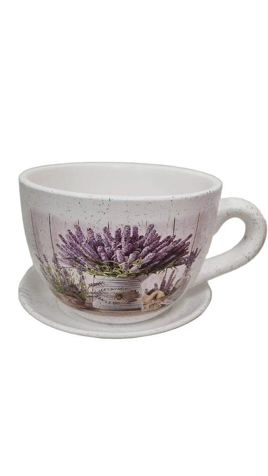 Tazza con piattino decorata con lavanda e ape, stile rustico per cucina o soggiorno