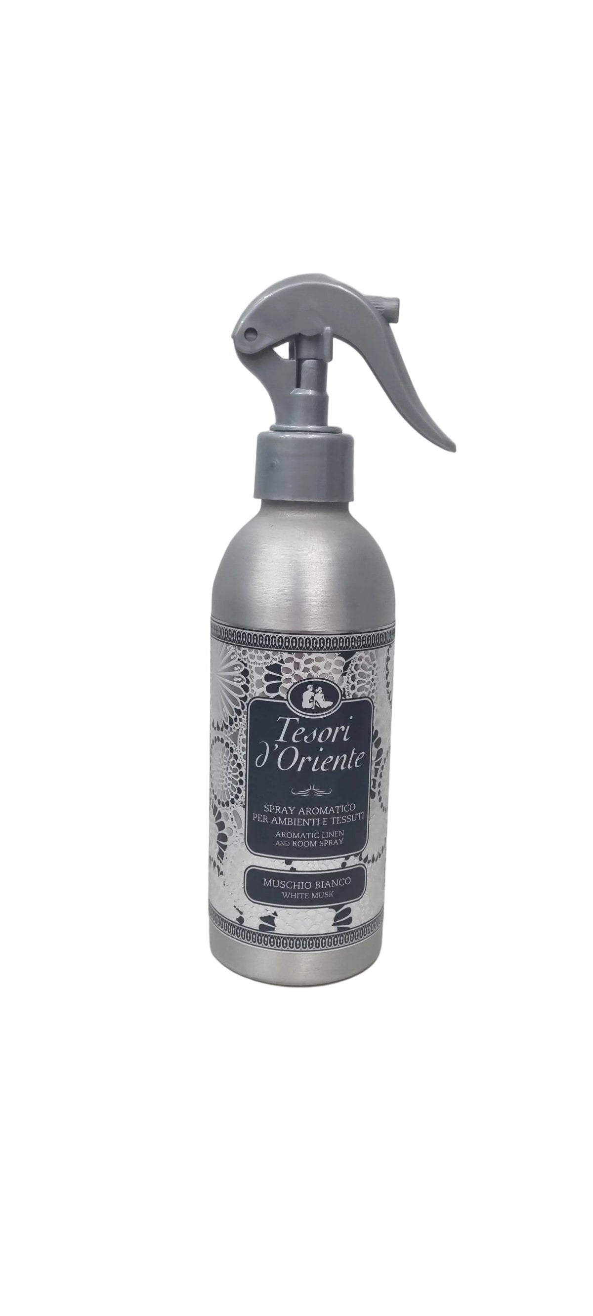 Spray aromatico Tesori d'Oriente Muschio Bianco per ambienti e tessuti, design elegante con etichetta floreale