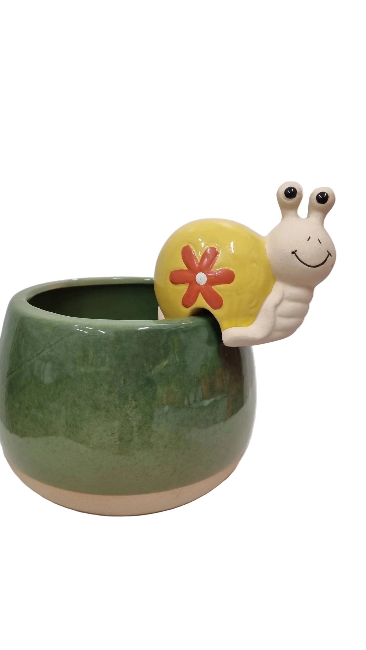 Vaso ceramica verde con lumaca decorativa gialla e fiore rosso, ideale per piante da interno o giardino