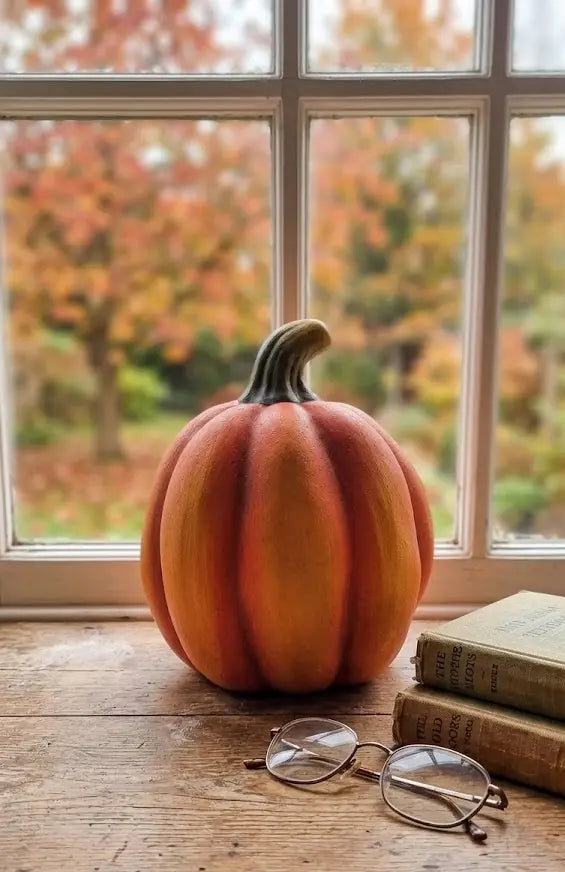 Zucca in Ceramica Decorativa Autunnale – Arancione con Gambo Verde
