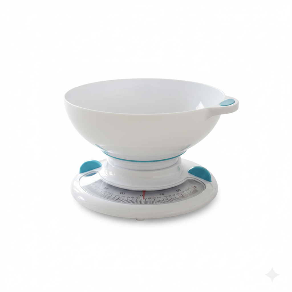 Bilancia da cucina meccanica analogica bianca e turchese sfondo bianco