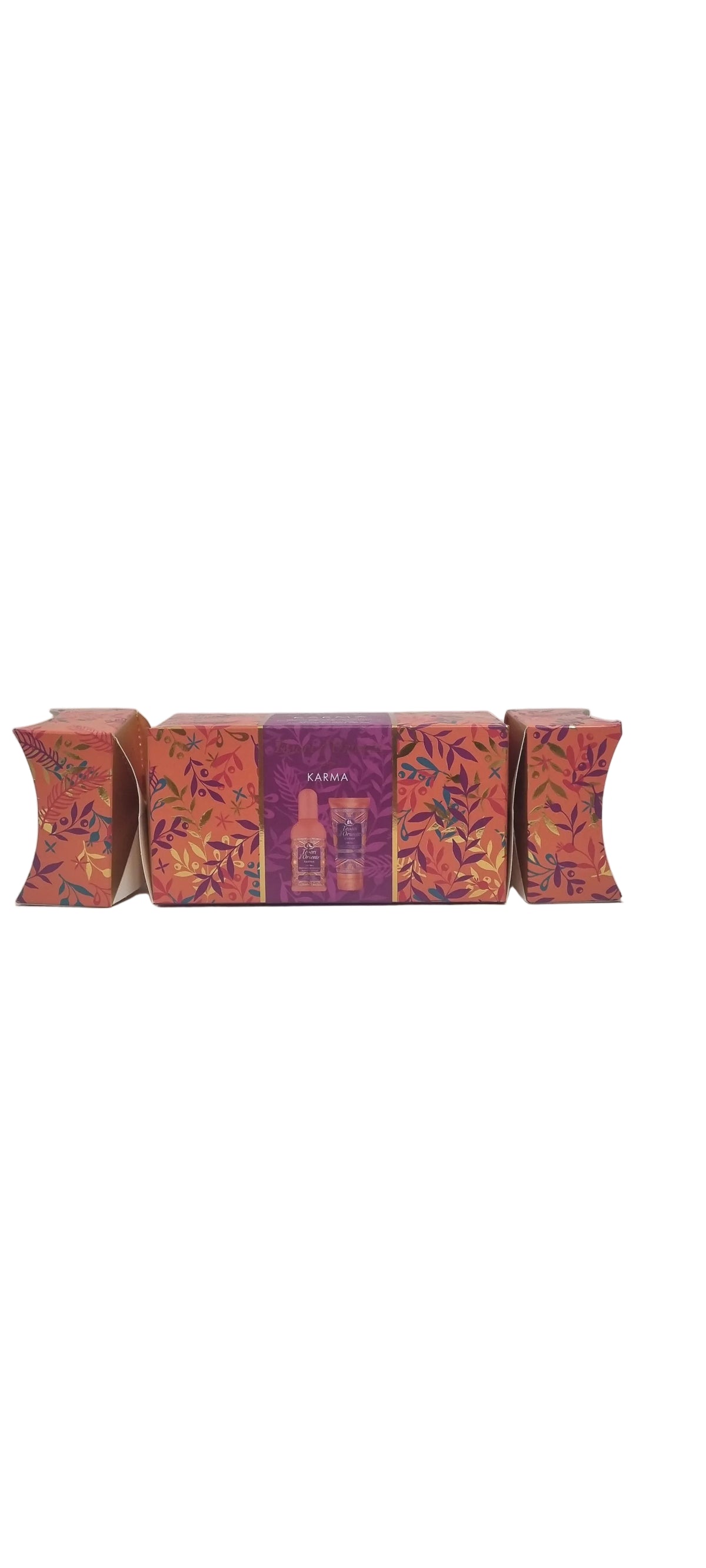 Confezione regalo Karma con prodotti corpo e profumo, design floreale arancione e viola