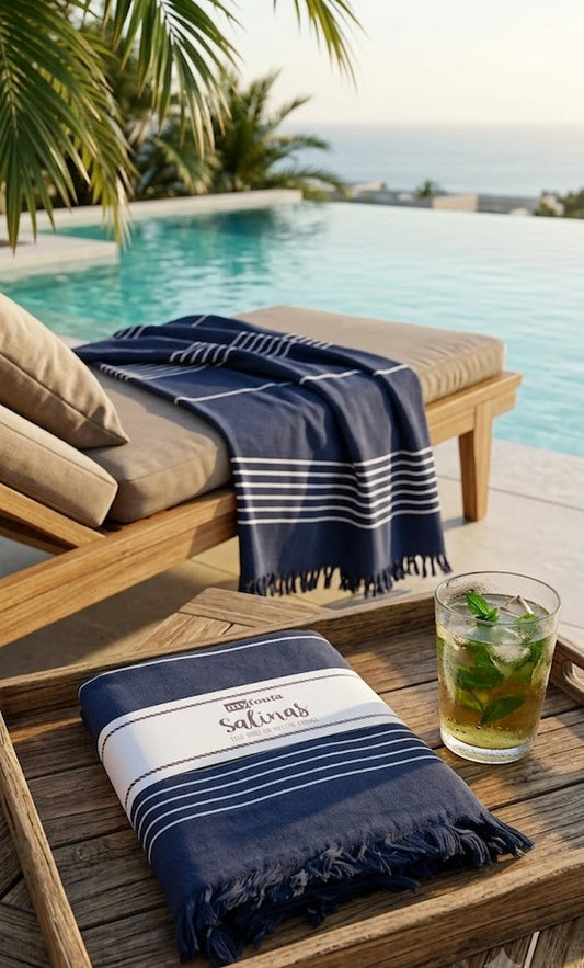 Telo mare fouta Salinas bianco strisce blu navy 90x170 cm con frange – 95% cotone