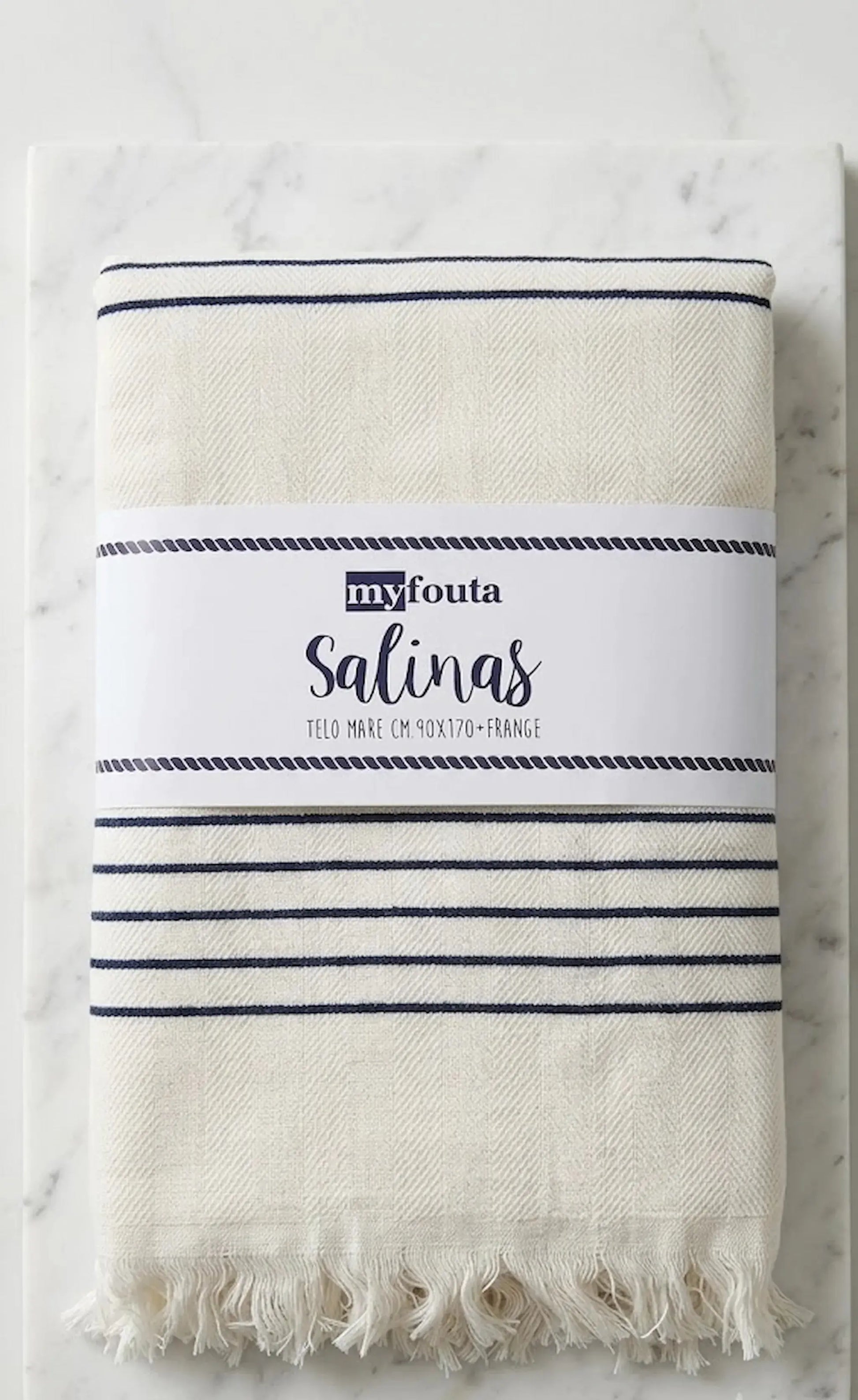Telo mare fouta Salinas bianco strisce blu navy 90x170 cm con frange – 95% cotone