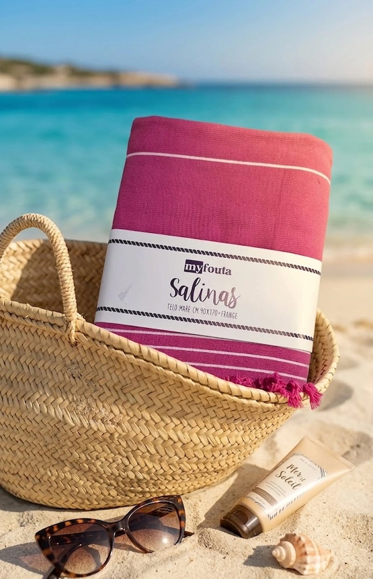 Telo mare fouta Salinas fucsia con strisce bianche 90x170 cm con frange – 95% cotone