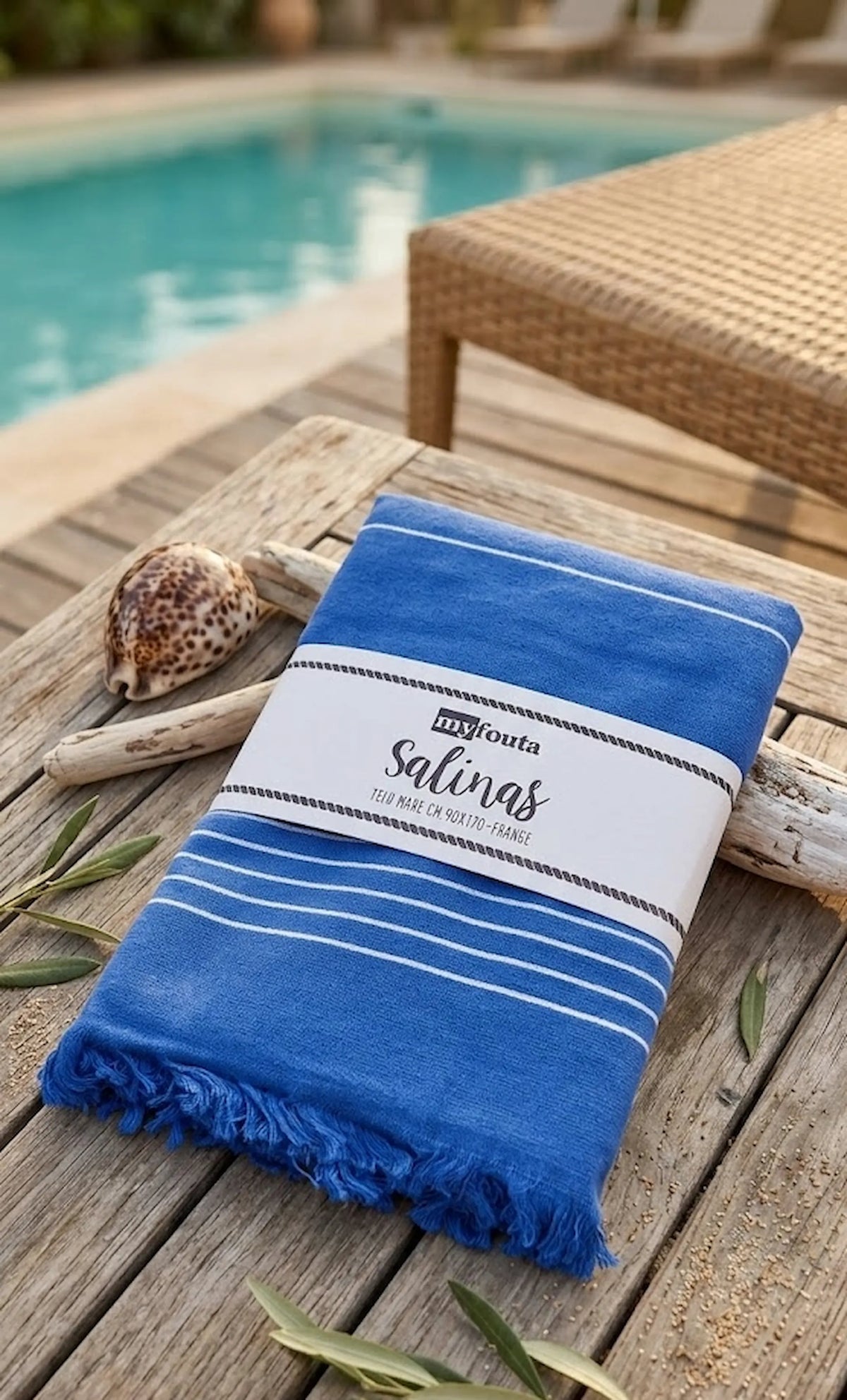 Telo mare fouta Salinas blu cobalto con strisce azzurre 90x170 cm con frange – 95% cotone