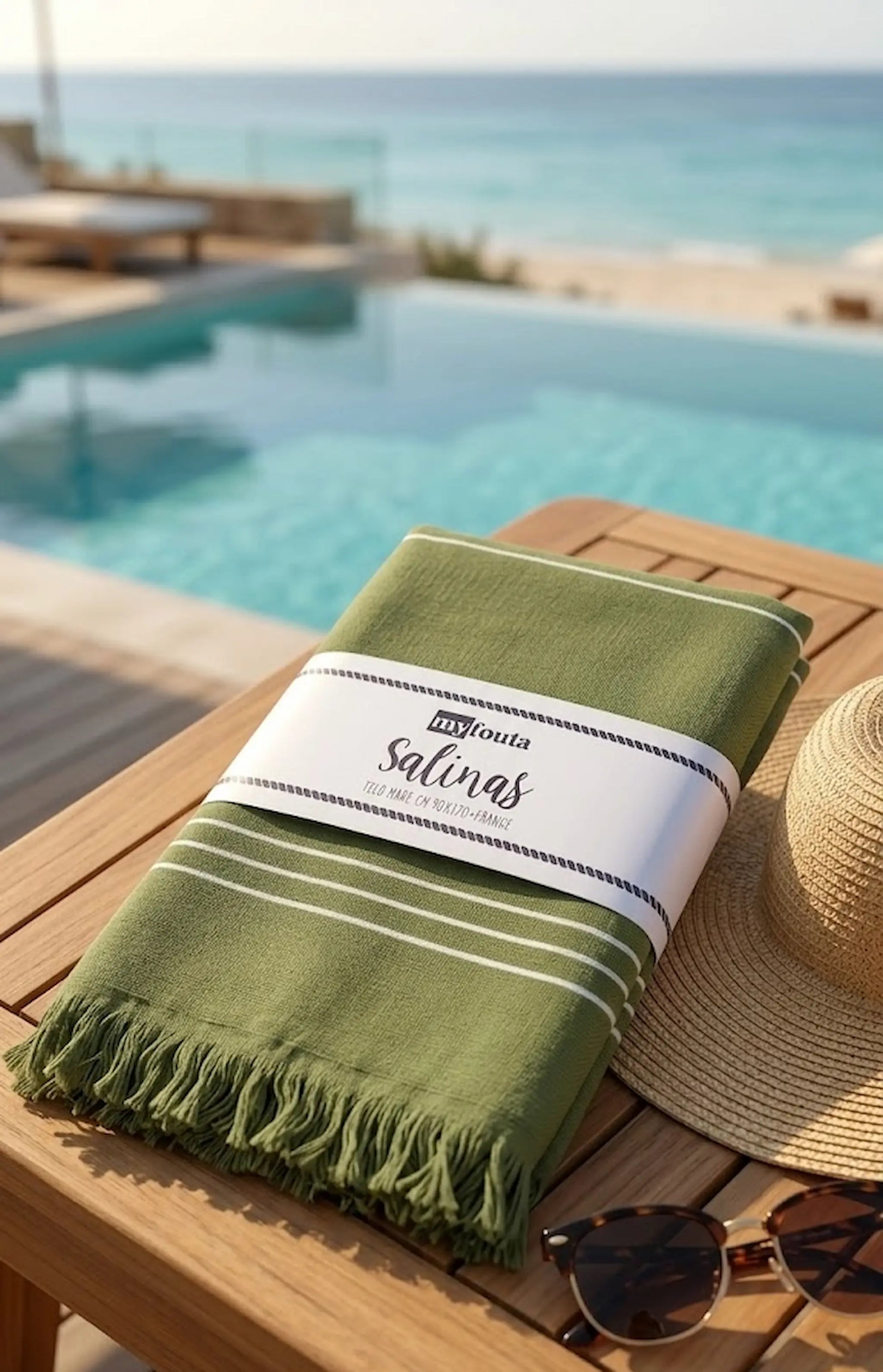 Telo mare fouta Salinas verde oliva con strisce bianche 90x170 cm con frange – 95% cotone