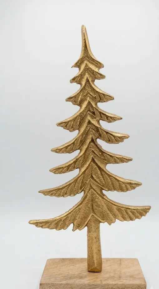 Albero di Natale in alluminio oro 26 cm con base in legno – decorazione natalizia elegante con rami scolpiti