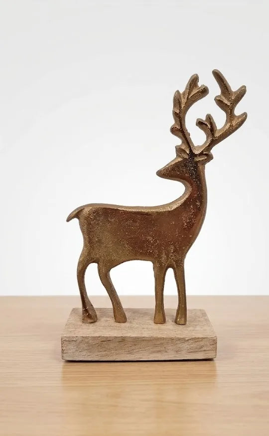 Cervo in alluminio oro 19 cm con base in legno – statuina natalizia decorativa con palco di corna scolpito