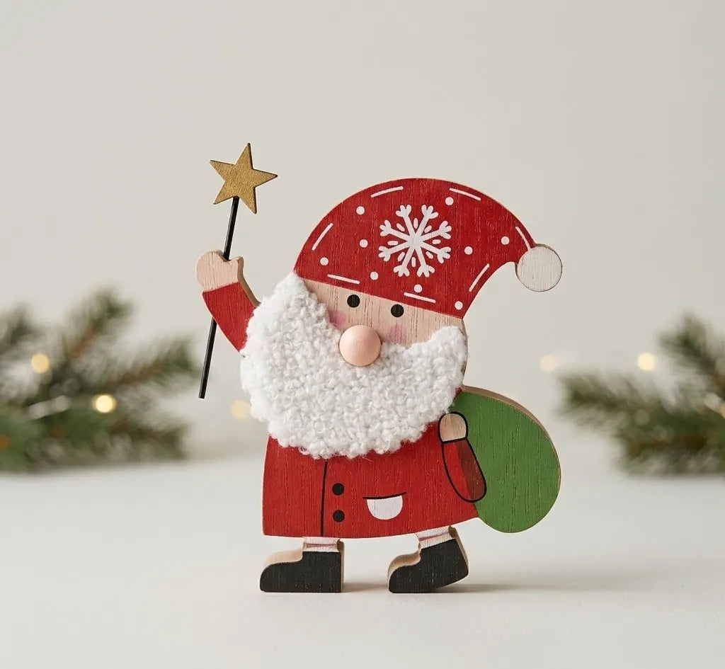 Babbo Natale in Legno con Stella – Statuina Natalizia 14 cm