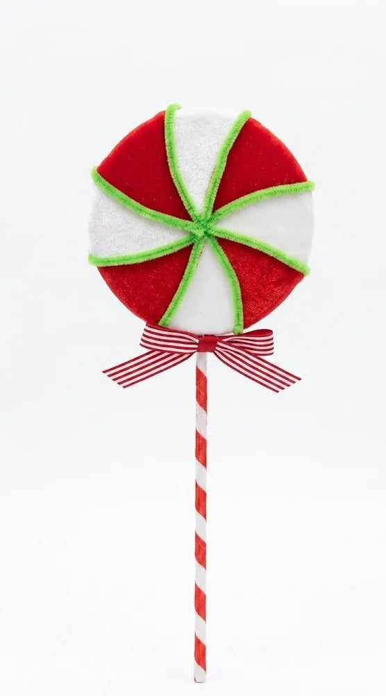 Leccalecca decorativo natalizio grande rosso e bianco con bastone a righe e fiocco, 39 cm