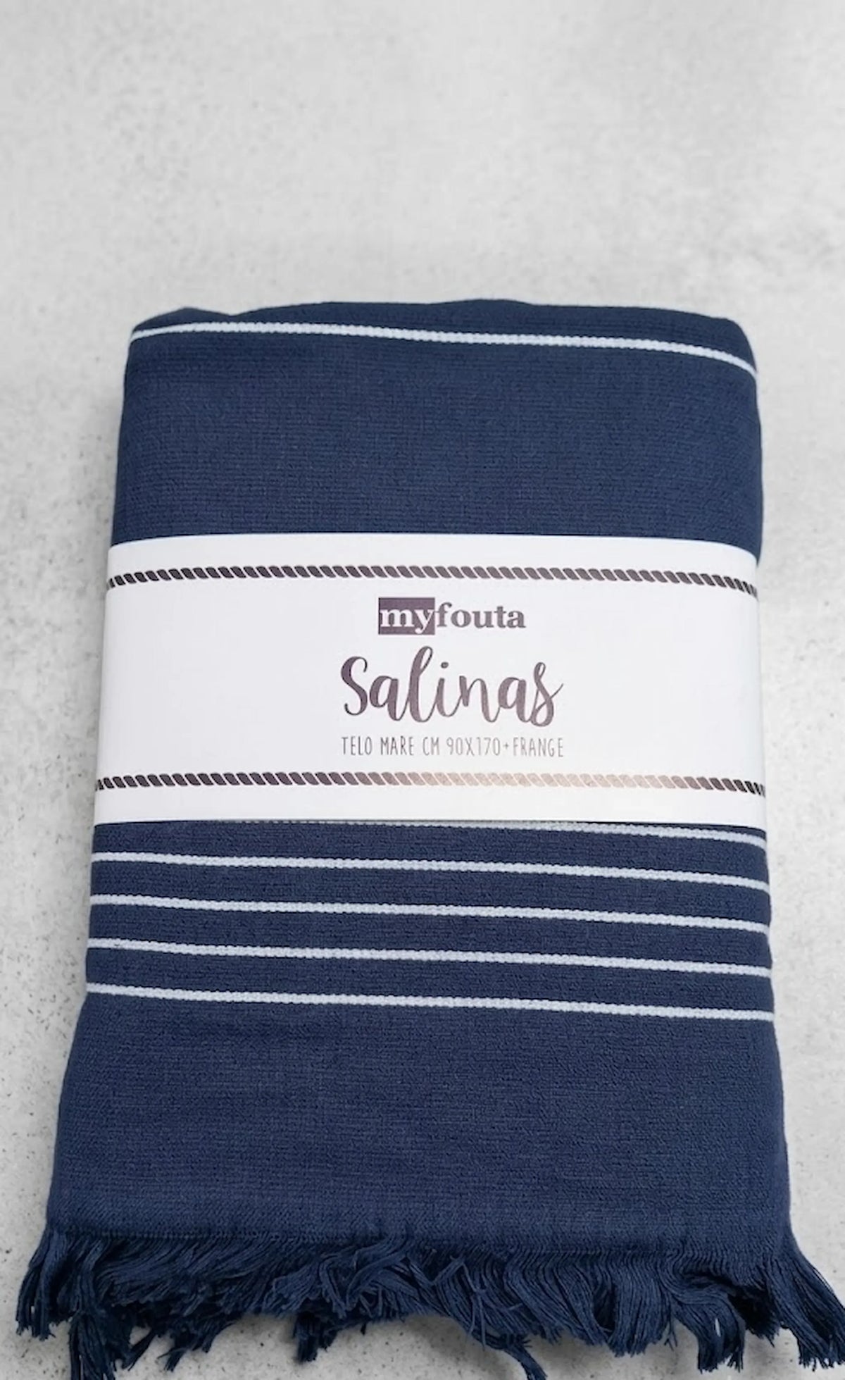 Telo mare fouta Salinas bianco strisce blu navy 90x170 cm con frange – 95% cotone