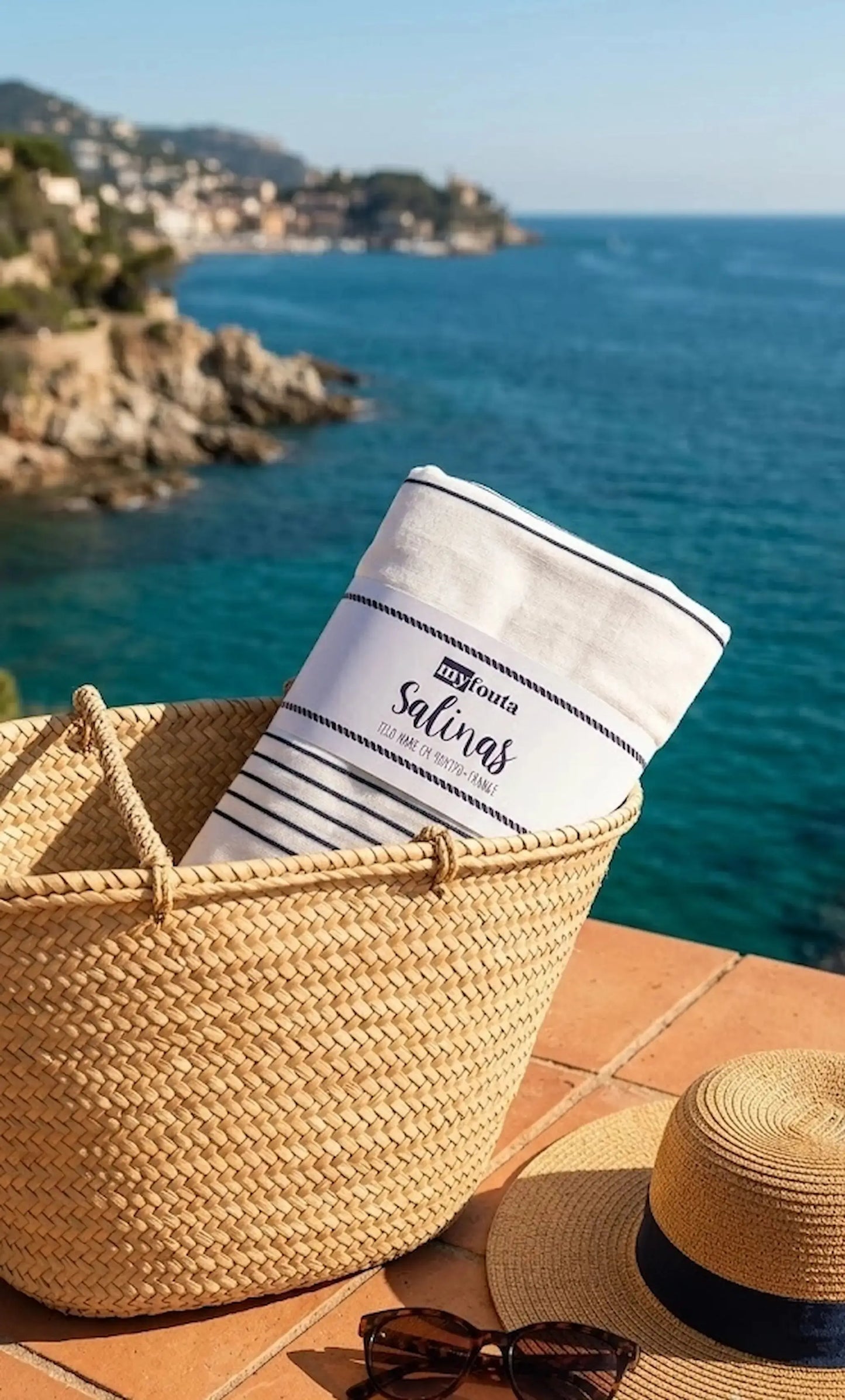 Telo mare fouta Salinas bianco strisce blu navy 90x170 cm con frange – 95% cotone