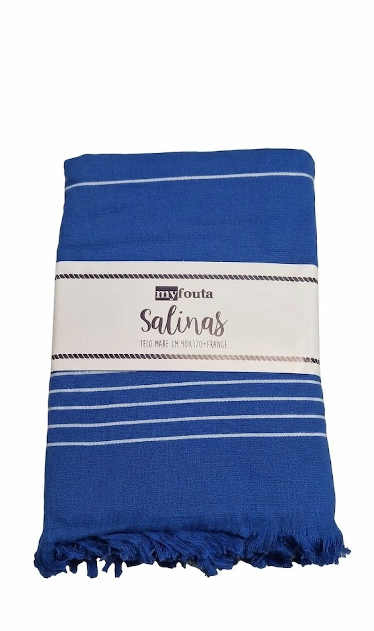 Telo mare fouta Salinas blu cobalto con strisce azzurre 90x170 cm con frange – 95% cotone