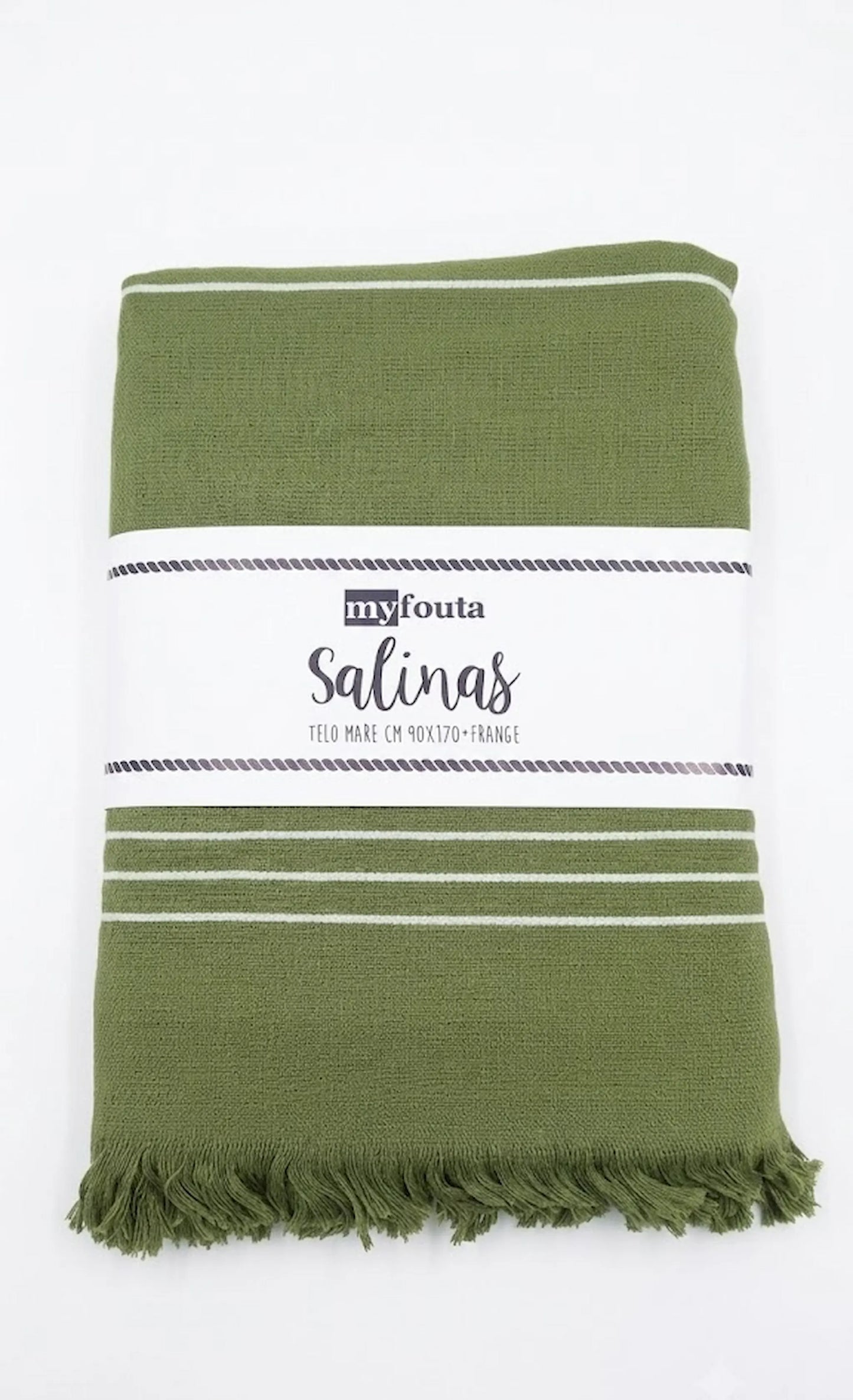 Telo mare fouta Salinas verde oliva con strisce bianche 90x170 cm con frange – 95% cotone