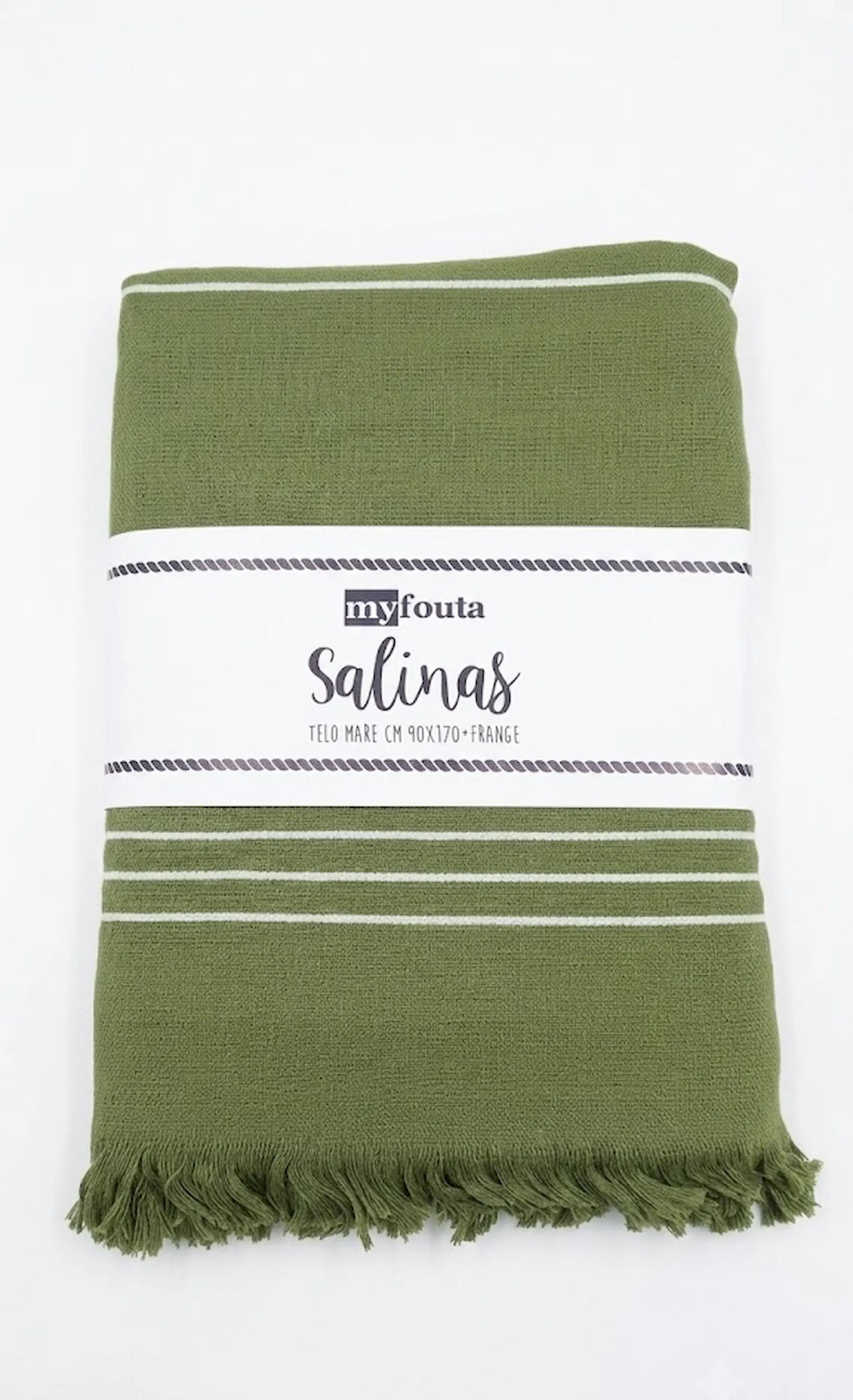 Telo mare fouta Salinas verde oliva con strisce bianche 90x170 cm con frange – 95% cotone