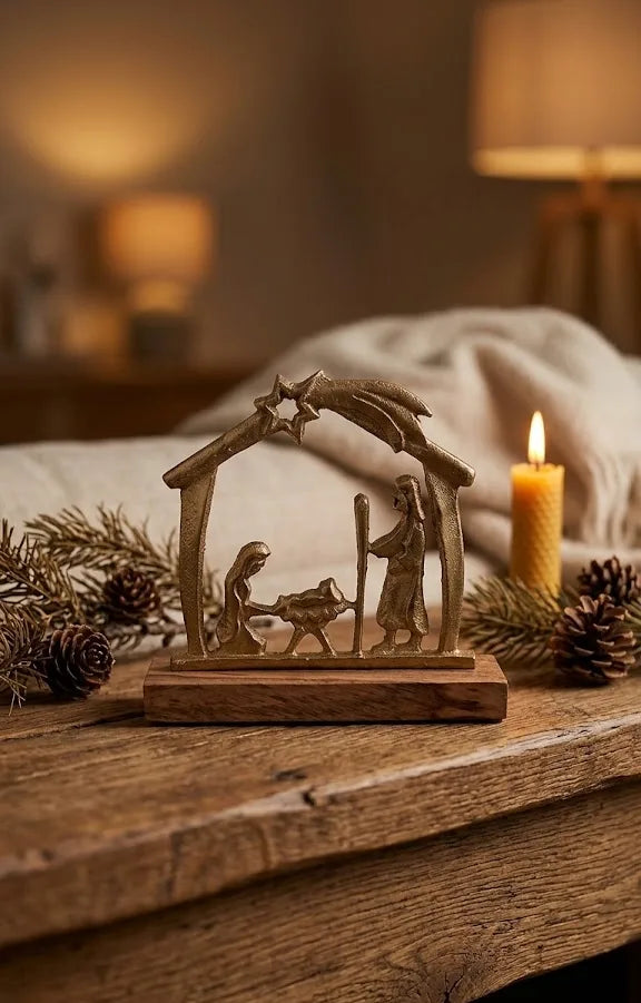 Presepe in Alluminio Oro 15 cm con Base in Legno – Natività Senza Tempo