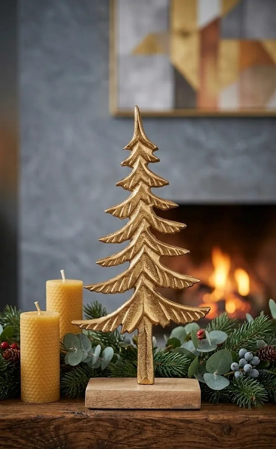 Albero di Natale in Alluminio Oro 26 cm con Base in Legno – Decorazione Premium