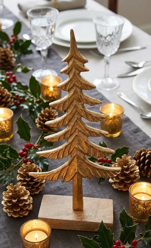 Albero di Natale in Alluminio Oro 26 cm con Base in Legno – Decorazione Premium